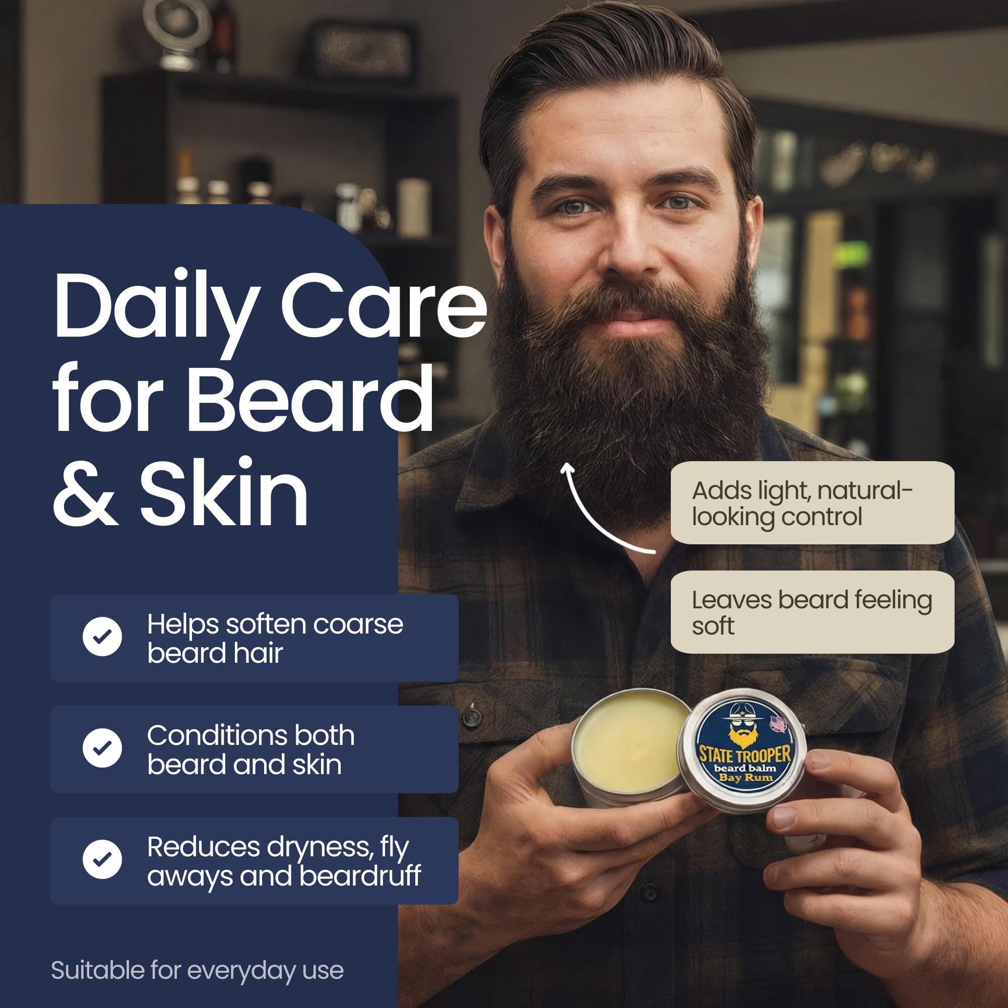 State Trooper Beard Balm (2 oz Tin) – All Natural Leave-In Beard Conditioner & Softener for Men – Bay Rum – Infused with Shea Butter, Argan & Jojoba Oils for Healthy, Tamed Beards