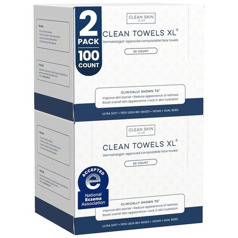 Clean Skin Club Clean Towels XL® - 100% Biobased Disposable Face Towels | Ultra Soft Makeup Remover, 50 Ct Per Pack (2 Packs)