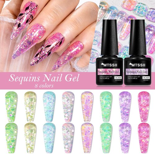 MTSSII Jelly Glitter Gel Nail Polish Set 8 Pcs Transparent Glass Flowinglight Gel Polish Sheer Shiny Sequins Pink Blue Green Purple Gel Nail Kit for Nail Art DIY Manicure at Home