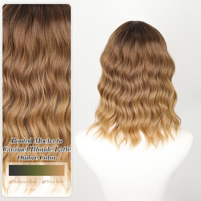 Twobla Rooted Mocha to Caramel Brown Latte Ombré Bob Wig With Bangs For Women | 16 Inch Bob Wavy Wig With Curtain Bangs | Heat Resistant, Wear & Go, No Glue Needed | Cosplay Use