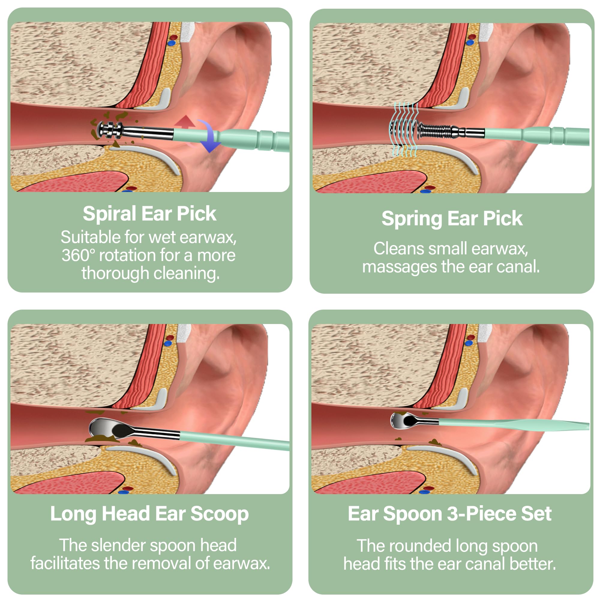 15 Pack Ear Wax Removal Tool Kit with Light - LED Ear Cleaning Kit, Ear Wax Removal for Kids and Adults, Ear Cleaning Tool, Ear Picker Spoon & Ear Tweezers & Spiral Spring Ear Spoon Green