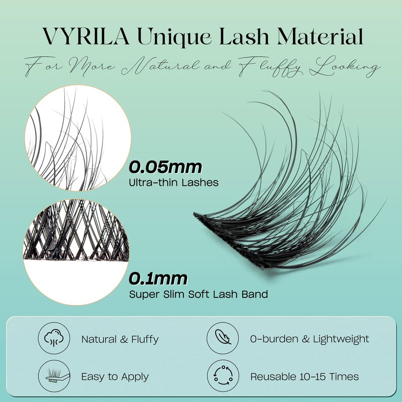 VYRILA Lash Clusters 0.05mm Individual Lashes, 3D Wispy Lashes Clusters, 0.1mm Super Thin Band Resuable Natural Lashes,D Curl Faux Mink Lashes,120pcs Lash Extension (Green Joy-D-0.05-8-16mix)