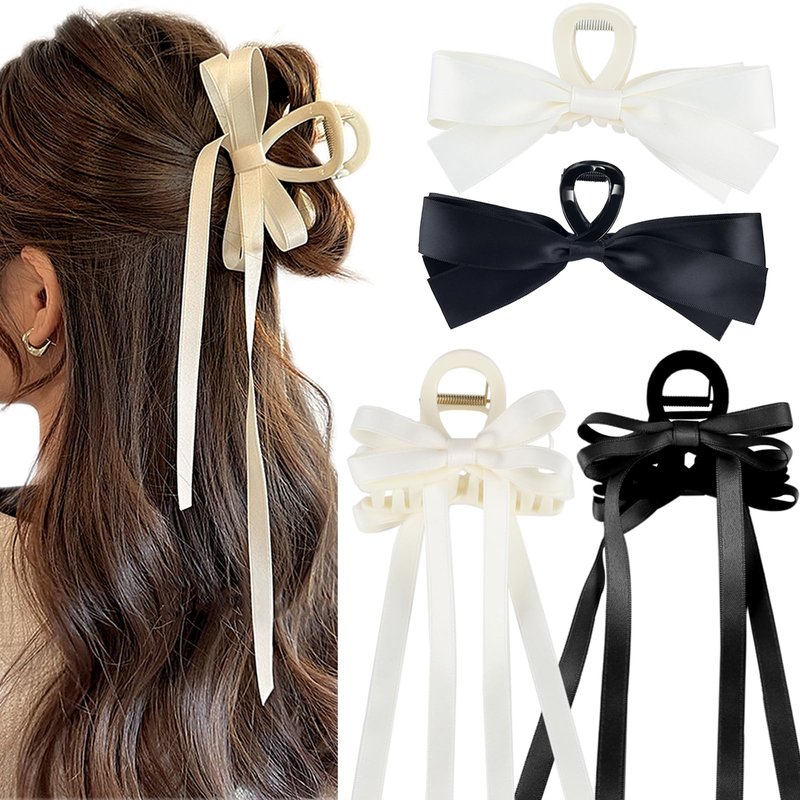 Zkptops 4Pcs Hair Claw Clips Bow Claw Clip for Women Girls Satin Claw Clamps Cute Large Bowknot Nonslip Jaw Barrettes with Tassel Hair Bow Claw Clip Accessories for Thin Thick Curly Hair (Black White)