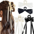 Zkptops 4Pcs Hair Claw Clips Bow Claw Clip for Women Girls Satin Claw Clamps Cute Large Bowknot Nonslip Jaw Barrettes with Tassel Hair Bow Claw Clip Accessories for Thin Thick Curly Hair (Black White)