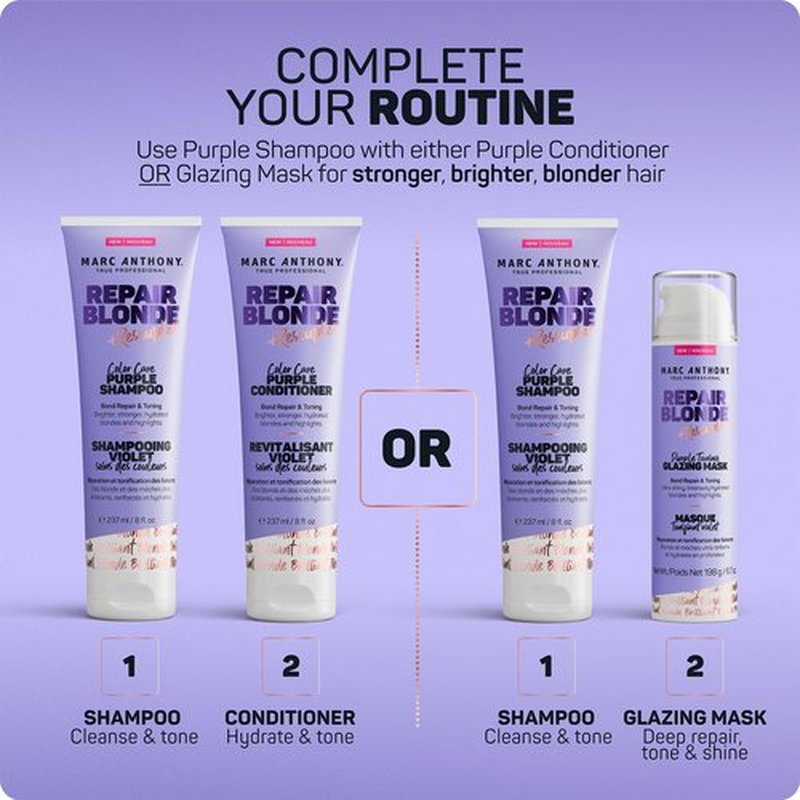 Marc Anthony Bond Repair Purple Hair Shampoo for Blonde & Grey Hair, Blonde Repair - Color-Safe Toning Hair Shampoo Neutralizes Yellow, Brassy Tones & Repairs Weak Broken Bonds