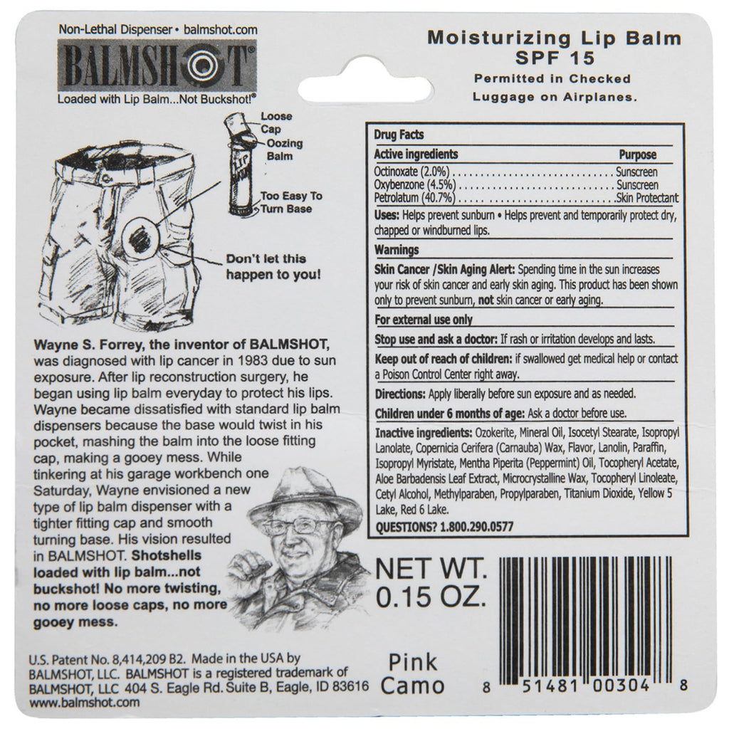 BALMSHOT Camo Vanilla Mint Lip Balm SPF 15 (4-Pack) – Beeswax Chapstick in 20-Gauge Brass Shotgun Shell Tube, Outdoor Lip Protector for Hunting, Fishing, Hiking, Heat Tolerant, Made in USA