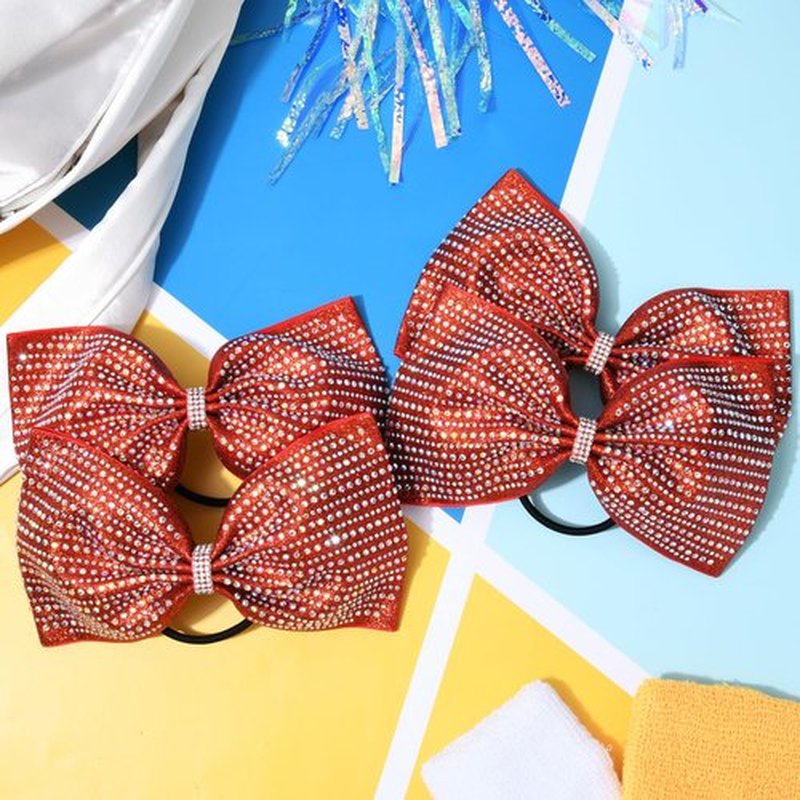 DEEKA 6 PCS Red Glitter Tailless Cheer Bows Large 6.5" Rhinestones Competition Hair Bow Elastic Band for Cheerleading Cheerleaders Girls (Glitter Red)