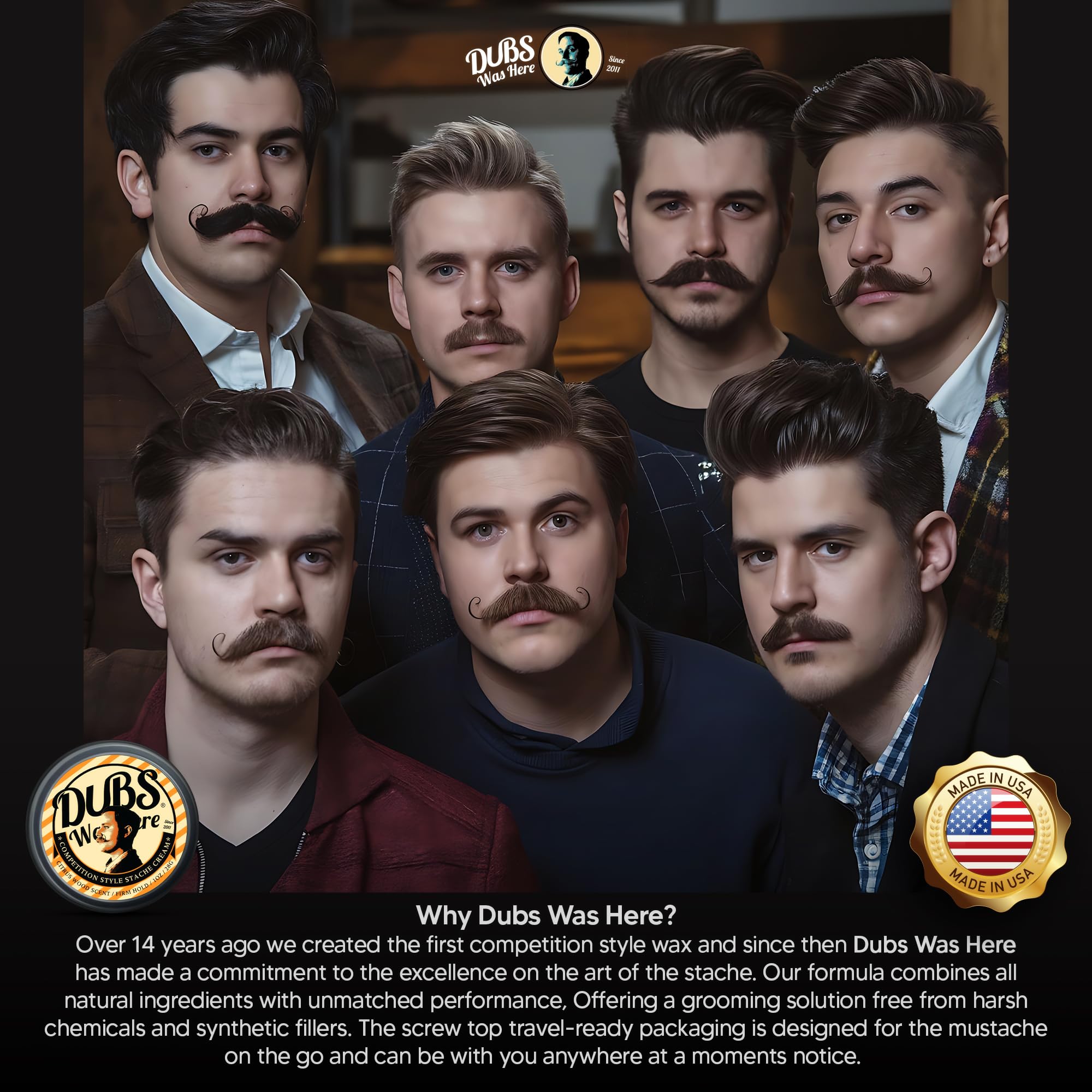 Dubs Was Here Mustache Wax Strong Hold | Competition Style Firm Stache Wax | Non-Greasy Grooming Gift for Men | Sandalwood/Bergamot Citrus Wood Scent | 1 oz Tin | Made in USA