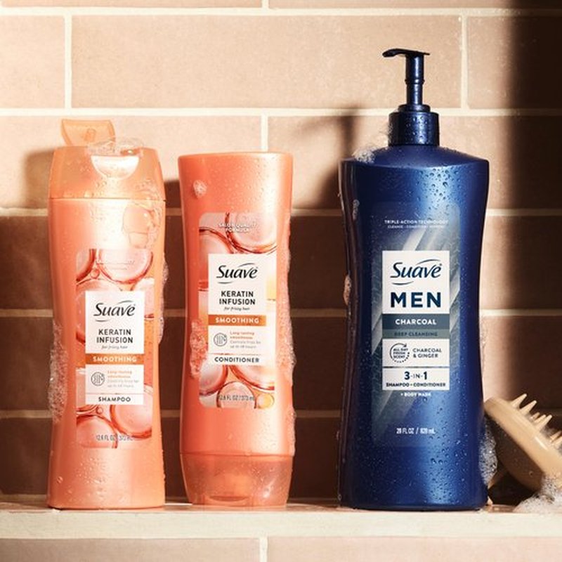 Suave Men Deep Cleansing 3 in 1 Shampoo, Conditioner & Body Wash with Charcoal Powder, Detoxifies & Cleanses Hair & Skin, Removes Oil & Impurities, 4 Count, 28 FL OZ Pump