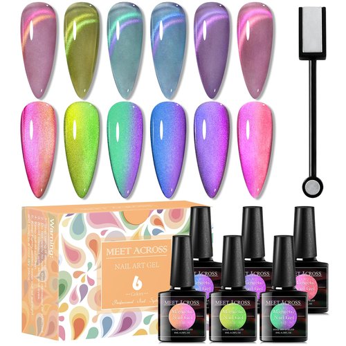MEET ACROSS Glass Cat Eye Gel Polish Set Nail Polish Jelly Galaxy Magnetic Nail Polish with Magnet Cateye Gel Polish Kit Neon for Home DIY Manicure Varnish Art Design Art Design