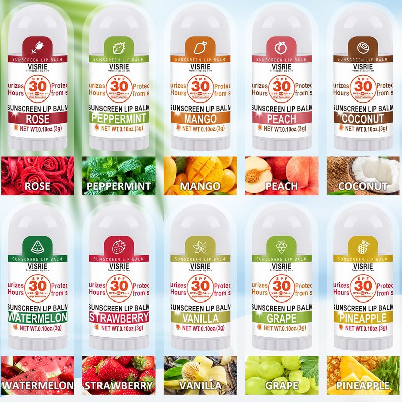 VISRIE SPF 30 Mini Sunscreen Lip Balm, SPF Lip Balm Bulk 40 Count, Travel Sunscreen with Vitamin E and Coconut Oil- 10 Flavors