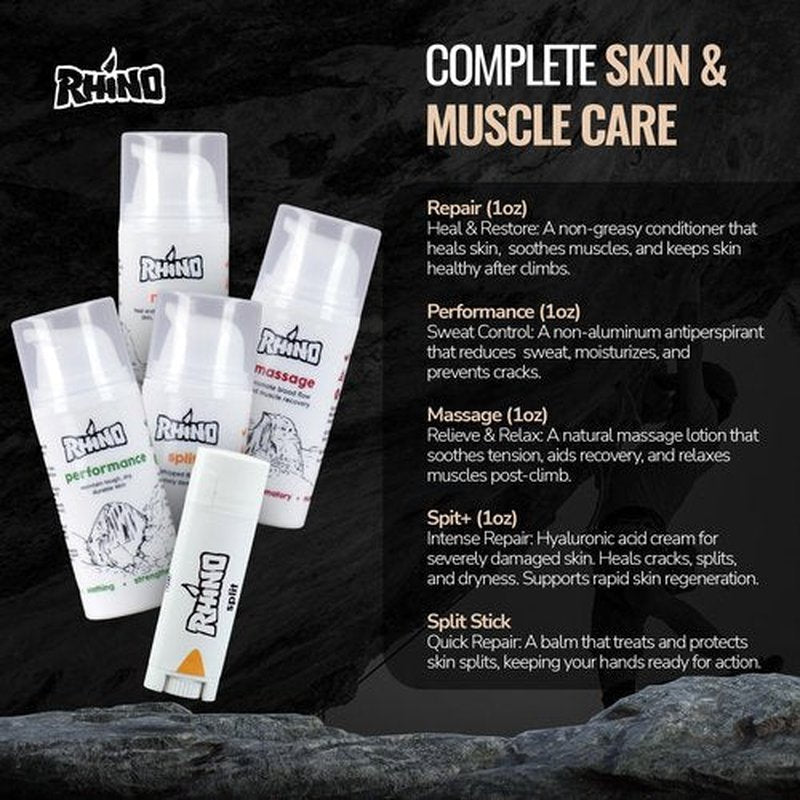 Rhino Skin Starter Kit Bundle - Climbing Skincare 5-Piece Set with Hand Cream, Lotion, Conditioner, Antiperspirant, and Balm | For Dry and Cracked Hands | Travel Size Hand Creams with Handmade Pouch