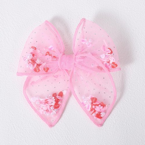 Pink Valentines Fable Bow Hair Clips for Girls 2Pcs 4" Glitter Mesh Tulle Heart Shaker Bow Alligator Barrettes for Teen Toddler Kids Women Party Dress Outfits Decor Accessory Gift