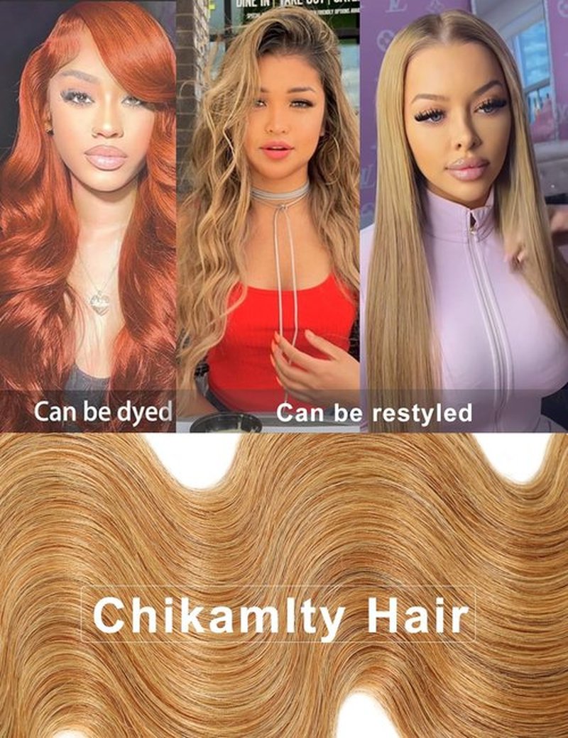 Chikamlty Ombre Bundles Human Hair, 16A Raw Indian Hair Bundles Body Wave, 14 Inch Colored Honey Blonde 1B27 Ombre Human Hair Bundles, 2 Years Service Life, Keep Texture Silky Soft Tangle-Free