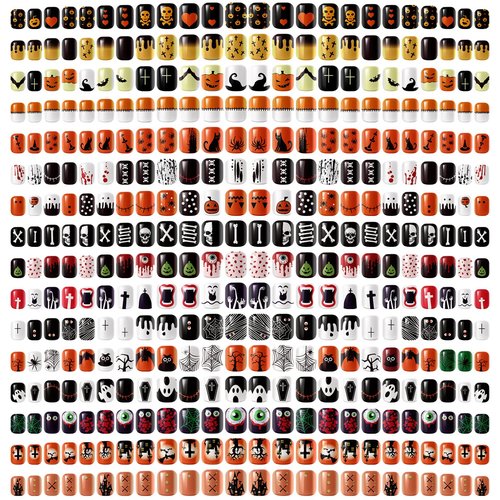384 Pcs 16 Pack Halloween Press on Nails Halloween Short Fake Square False Nails Plastic Artificial Nail Tips Full Cover Coffin with Ghost Pumpkin Spider Pattern for Women(Vivid Pattern)