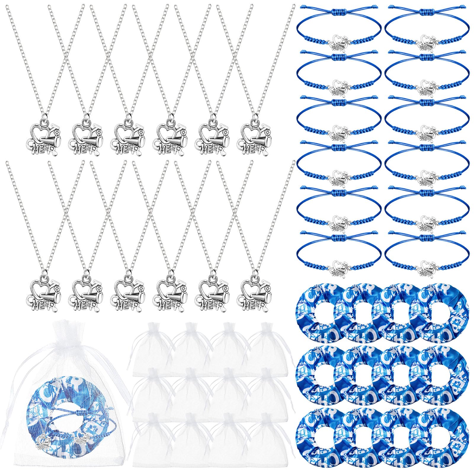 Equsion 12 Set Cheerleader Gifts Bulk Include Cheer Necklace, Cheerleading Adjustable Bracelet, Hair Ties and Organza Bag 12 each, Cheer Accessories for Team Women Teammates(Blue)