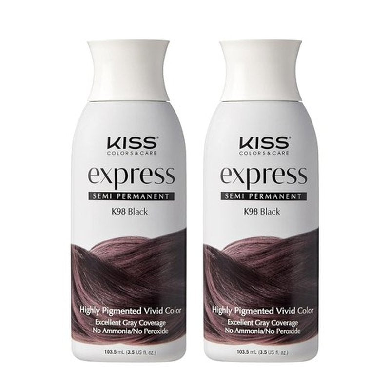 Kiss Express Semi-Permanent Hair Color - Vivid Pigmented Dye for Vibrant Hair | Gentle Formula, Gray Coverage, 3.5 oz (Black, 2 Count)