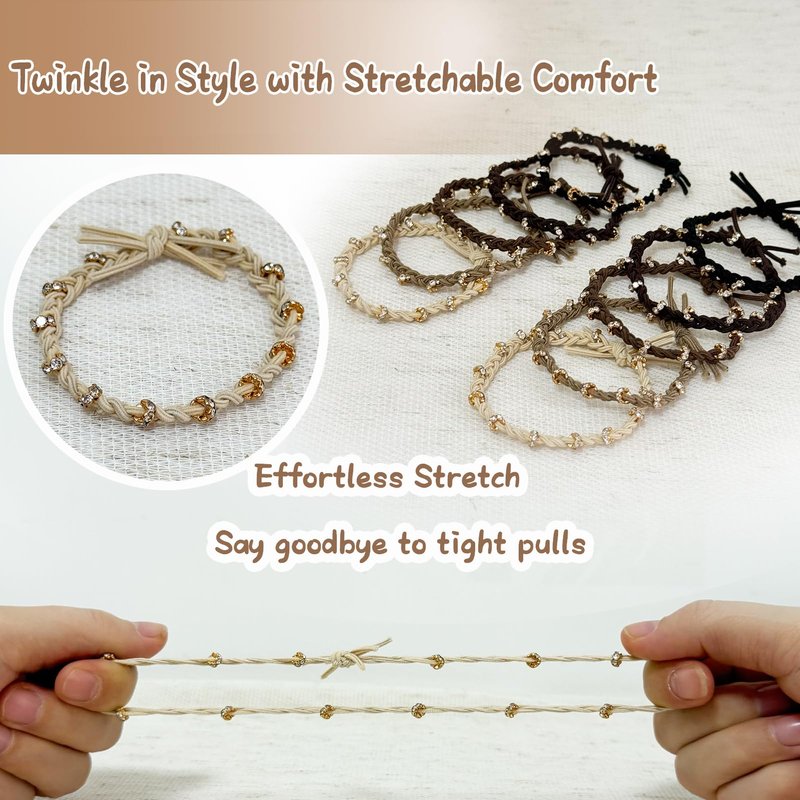 UDeBe 10pcs Braided Hair Ties with Gold & Crystal Beads, Elastic Hair Ties for Women, Neutral Colors