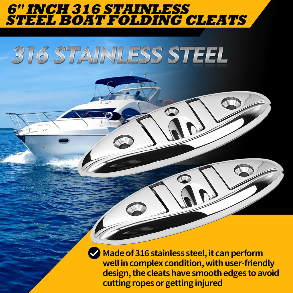 Jecoupoon 2pcs 6 inch 6" Dock Cleats Marine Boat 316 Stainless Flip Up Cleats Folding Cleat with Screws and Nuts