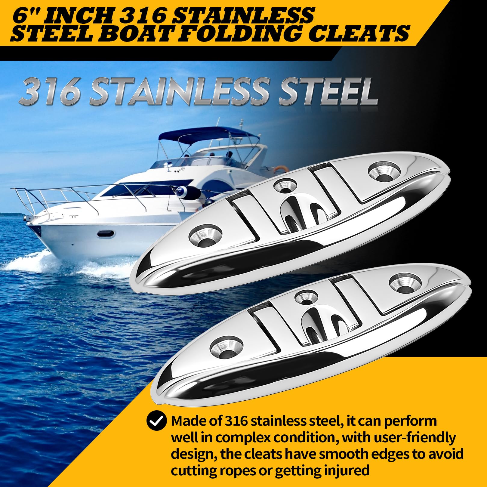 Jecoupoon 2pcs 6 inch 6" Dock Cleats Marine Boat 316 Stainless Flip Up Cleats Folding Cleat with Screws and Nuts