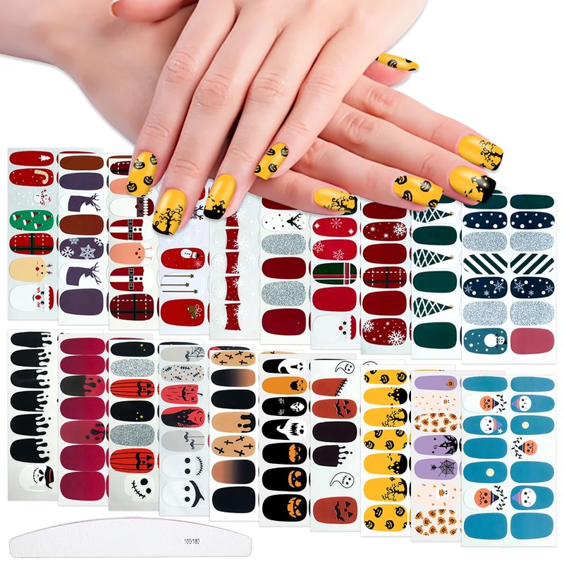 WOKOTO 20 Sheets Self-Adhesive Nail Polish Stickers Decal Tips with 1Pc Nail File Nail Strips Christmas Halloween Manicure Design for Women