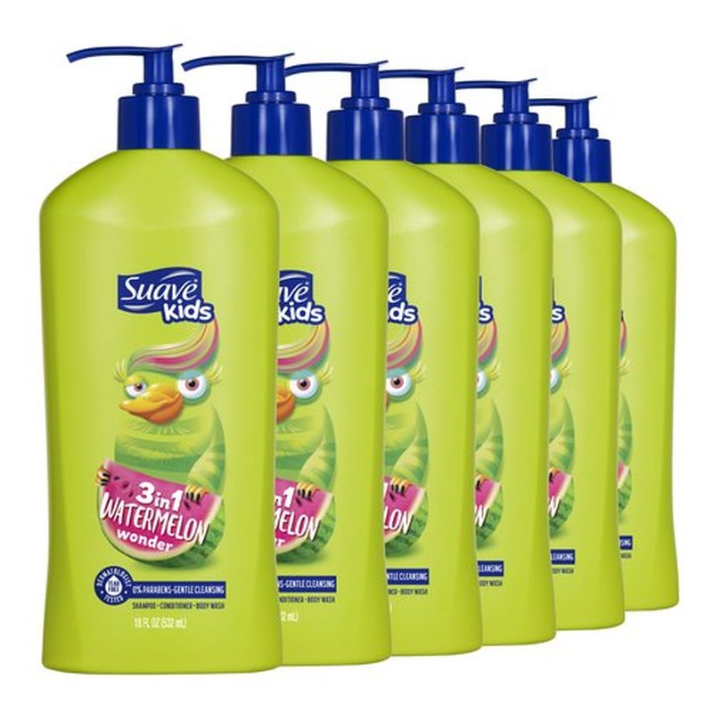 Suave Kids 3-in-1 Tear Free, Body Wash, Shampoo and Conditioners, Dermartologist Tested, Watermelon Wonder, 18 Oz Pack of 6