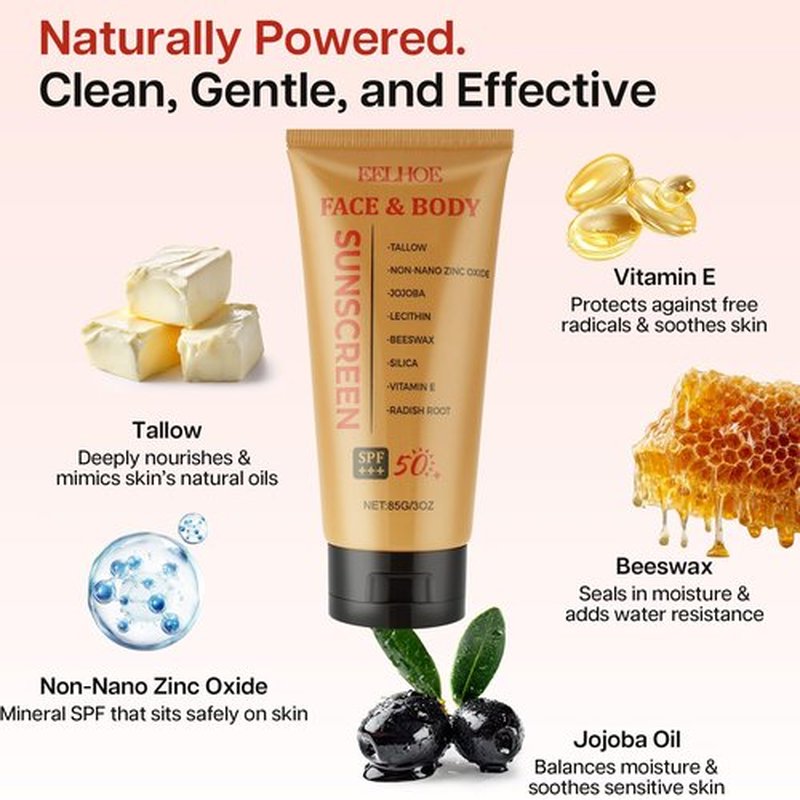 TINYLENS EELHOE Tallow Sunscreen SPF 50, Non-Nano Zinc & Grass-Fed Tallow Sunblock for Face & Body, Non-Greasy, Mineral-Based Water Resistant Balm, 3 oz