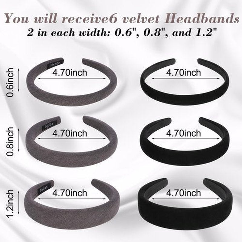 DiyJibb Velvet Headbands for Women and Teens, 6PCS Non-Slip Padded Hairbands with 3 Width Options (0.6", 0.8", 1.2"), Soft Comfortable Hair Accessories for Daily Wear, Makeup, Sports, and Gifts