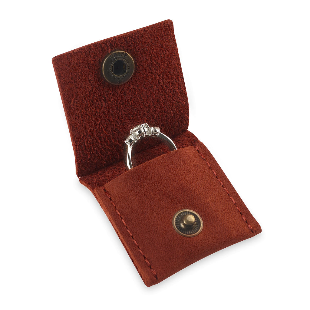 Leather Keychain Ring Holder, Wedding Ring Travel Case, Engagement Ring Holder, Ring Pouch Bag, Workout and Gym Ring Holder, Small Soft Leather Ring Bearer (Cognac)