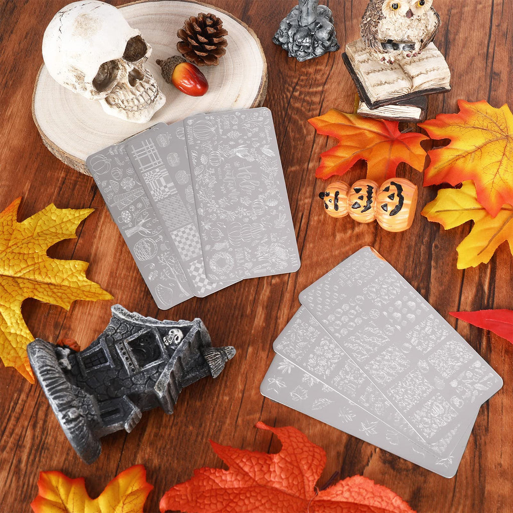 Whaline 6Pcs Fall Thanksgiving Theme Nail Art Stamping Plate Kit Various Pattern Pumpkin Maple Autumn Blessing Collection Checkered Nail Art Plate for Thanksgiving Day DIY Design Print Manicure Salon