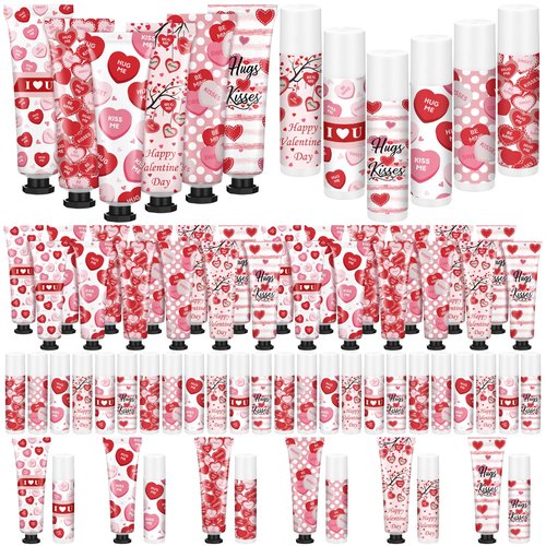 Demissle 36 Sets Valentine's Day Party Favor Gifts Galentine's Hand Cream Lip Balm Bulk Set Red Candy Heart Moisturizing Hand Lotion Exchange Basket Stuffer Bingo Gifts for Women Teacher Coworker