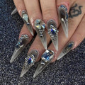 BABALAL Goth Press on False Nails Black Glue on Fake Nails - Long Stiletto, Rhinestone Charm Luxury, Bling Handmade Claw Design, 24Pcs Glossy Acrylic Nails for Women Girls