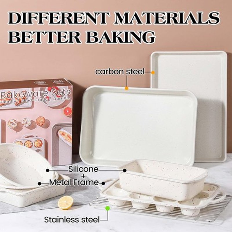 Skiennix 8-Piece Baking Pans Set - Nonstick Silicone Bakeware with Metal Reinforced Frame | Cream Color