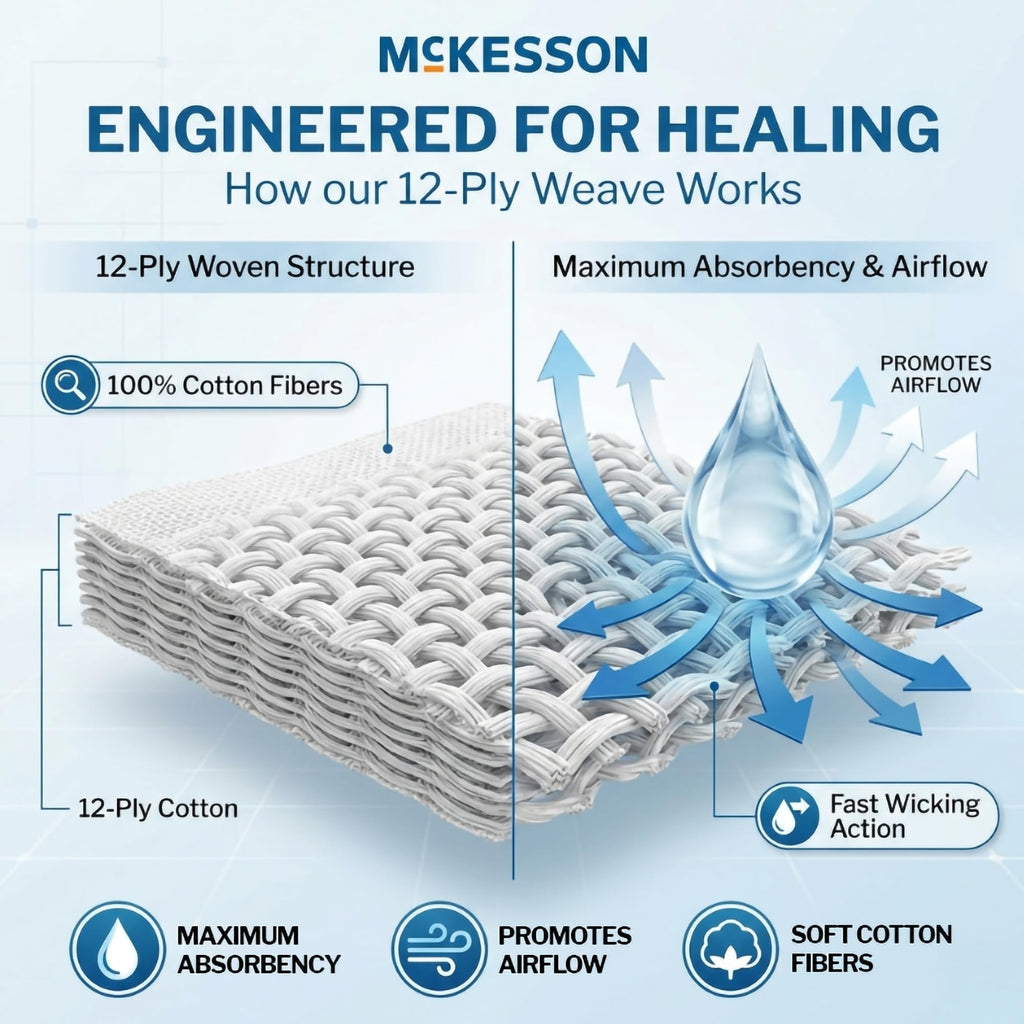 McKesson Non-Sterile Woven Gauze Pads 4x4 Inch [2000 Count] - 12-Ply 100% Cotton Breathable Woven Gauze Sponges for Wound Care & First Aid Medical Supplies