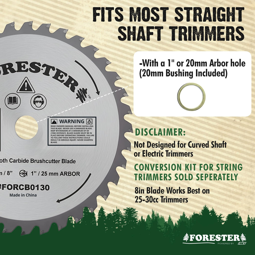 FORESTER Carbide Tip Brush Cutter Blade - 8in x 40 Teeth | Fits Most Straight Shaft Trimmers | Conversion Kit Sold Separately