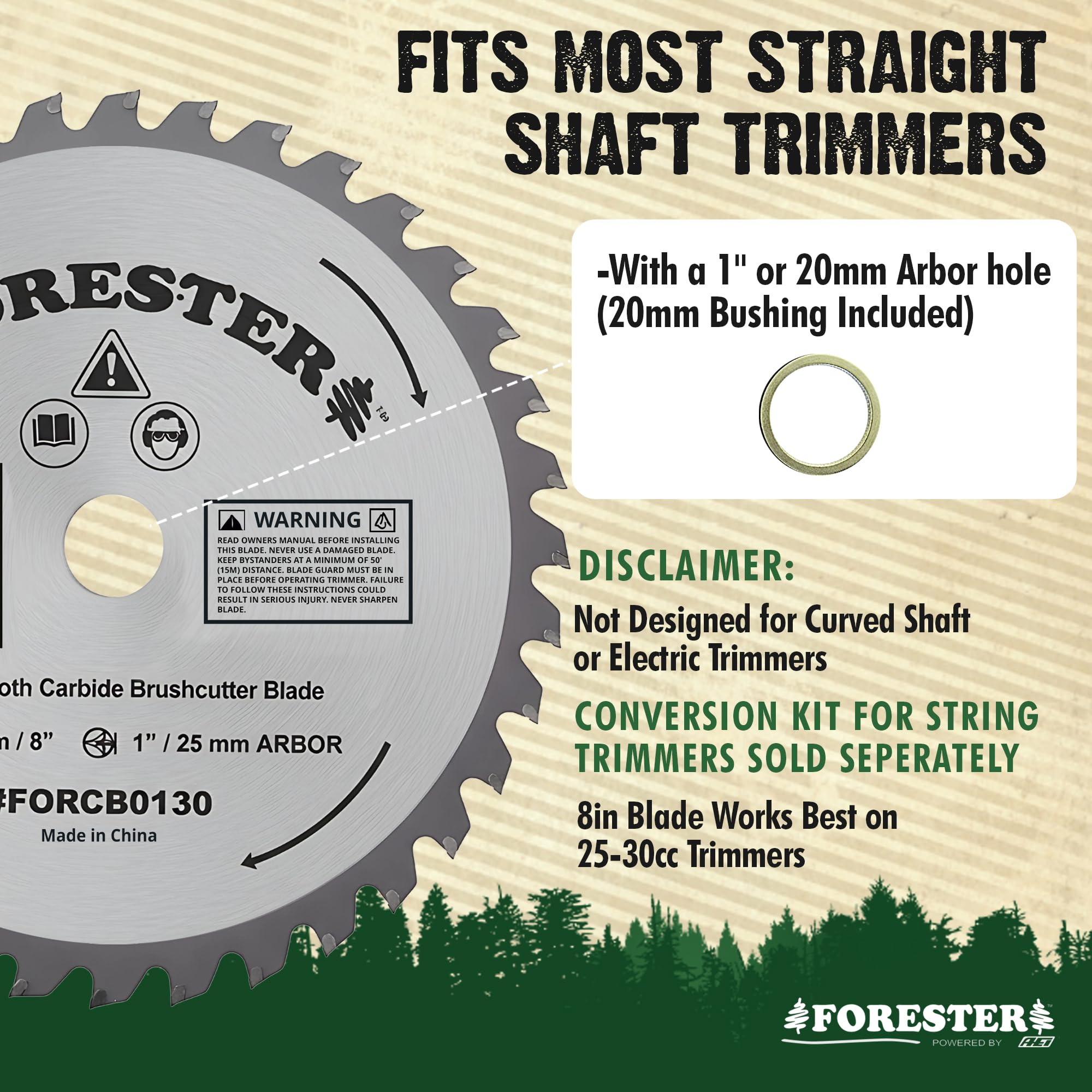 FORESTER Carbide Tip Brush Cutter Blade - 8in x 40 Teeth | Fits Most Straight Shaft Trimmers | Conversion Kit Sold Separately