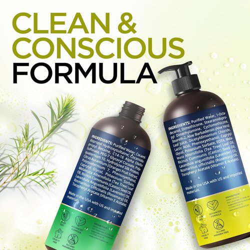 Tea Tree Rosemary Shampoo & Conditioner Set - Nourishing Cleanse with Castor Oil for All Hair Types | Paraben & Sulfate Free (16 Oz Each)
