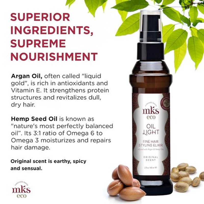 MKS Eco Oil Light | Hair Styling Elixir with Moroccan Argan & Hemp Seed Oils - 2 fl oz - Nourishes & Controls Frizz