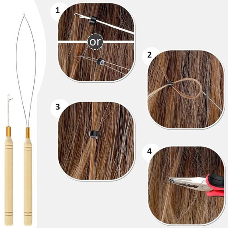 Hair Extension Tools Kit, 3 Colors 600pcs Micro Silicone Rings Beads Hair Extensions Kit Hair Pliers Micro Pulling Hook Needle Loop Threader and 600pcs Micro Silicone Links(Black,Brown,Blonde)