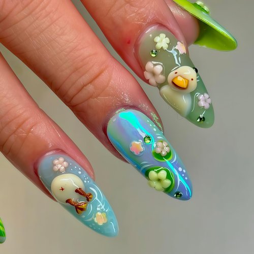Handcrafted Press On Nails Italian Vacation Style Duck & Garden Pond 100% Handmade Realistic Artistic Fake Nails With Adhesive Glue Tabs And Tool Gifts For Women (Hand-Painted Duck,Medium M)
