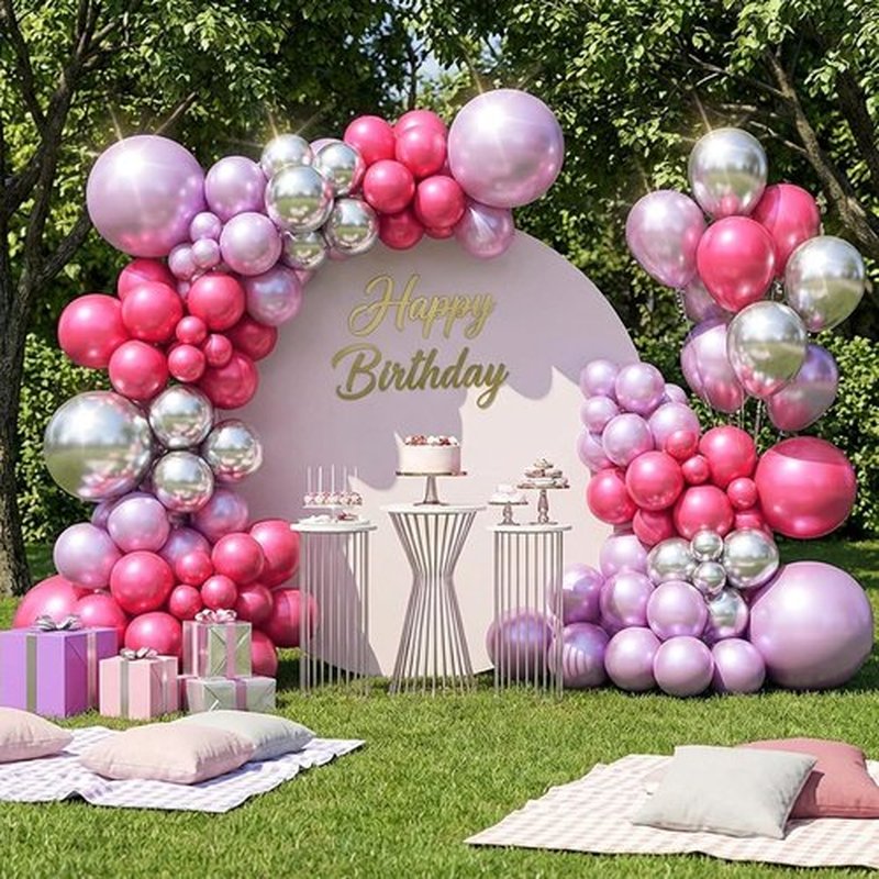 RUBFAC Metallic Pink Balloons - 129-Piece Latex Chrome Balloon Garland Kit for Weddings & Parties