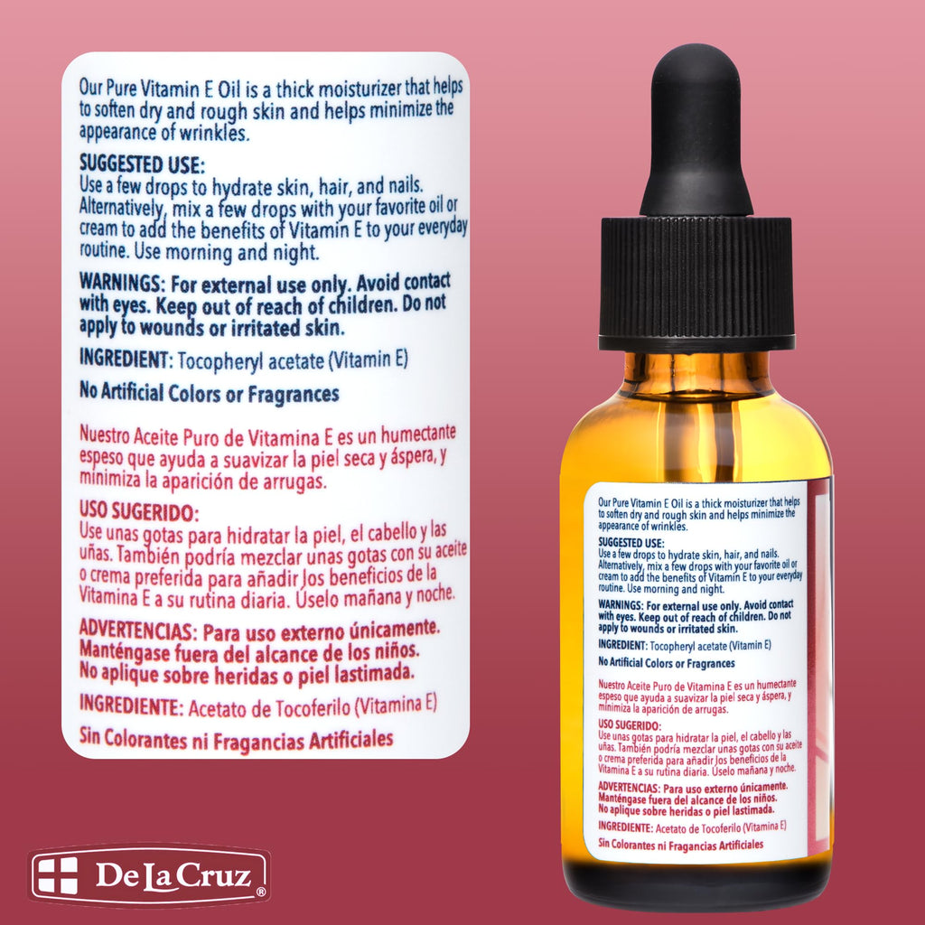 De La Cruz Vitamin E Oil for Face 28,000 IU - No Preservatives, Artificial Colors or Fragrances, Made in USA 1 FL. OZ.