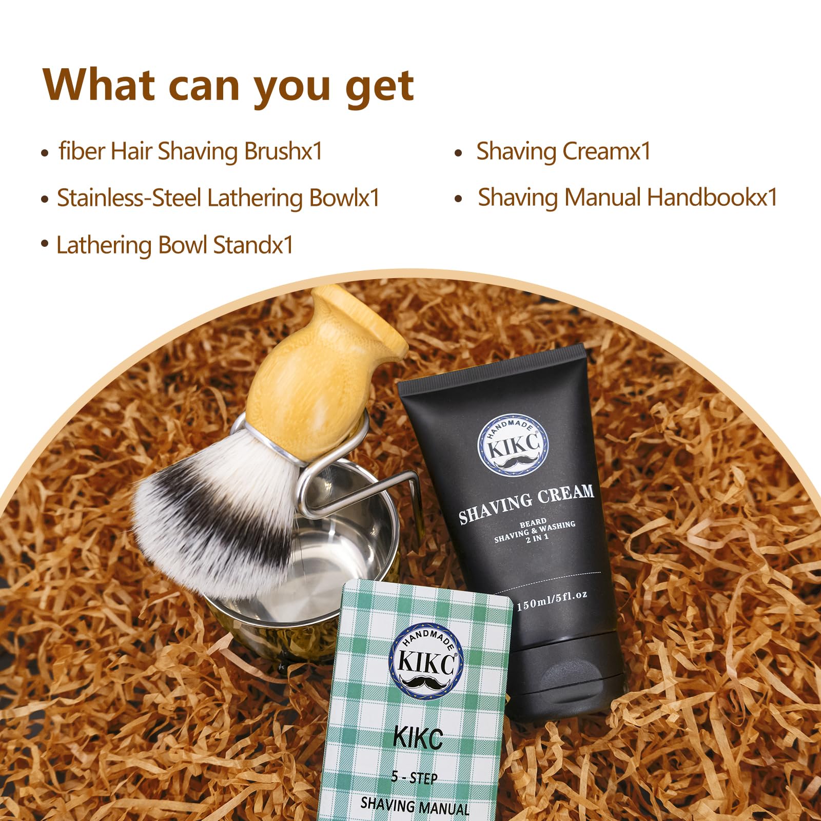 Kikc 5 in 1 Shaving Kit, Shaving Brush Kit for Men,Set Include Synthetic Shave Brush, Stainless Lathering Bowl, Shave Brush Stand, Shaving Cream, Shave Manual, Best Gift for Bearded Man,Silvery Set
