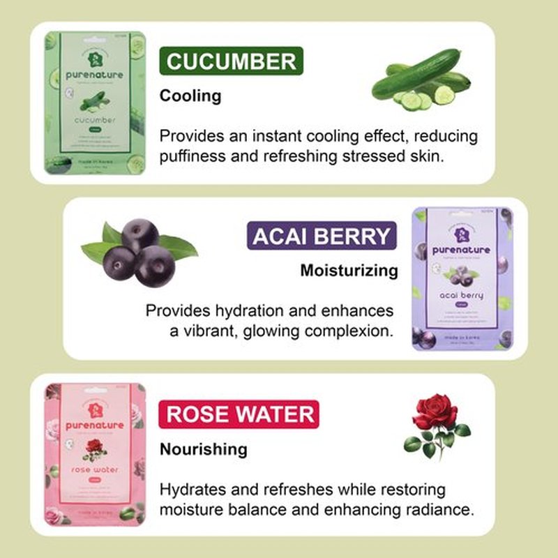 PB&Jay Purenature Hydrate and Calm Facial Mask - 12 Pack Acai Berry,Vita c,retinol and more, Made in Korea, Face Mask Skincare for Hydration, Skincare Face Mask, Moisturizing Mask for Sensitive Skin