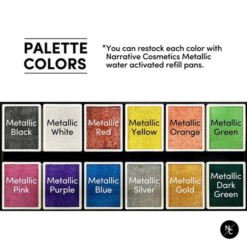 Narrative Cosmetics Metallic 12-Color Palette - Luxurious Water-Activated Makeup for Face & Body - Shimmering Shades for SFX, Cosplay, Theater, Film & TV Makeup Artists