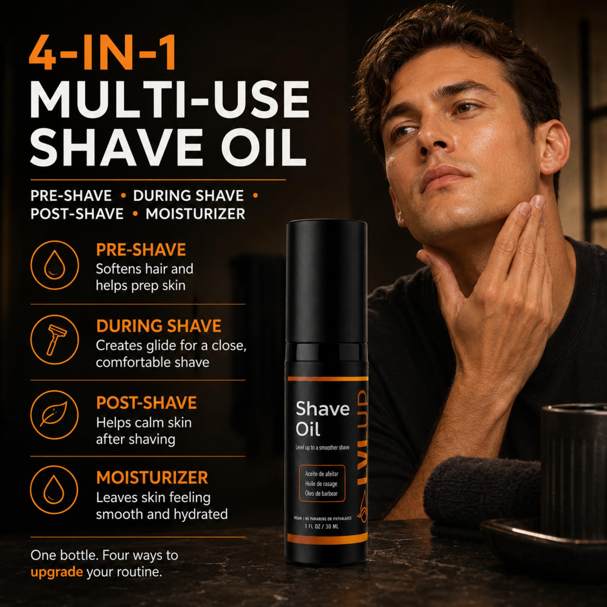 LVLUP Shave Oil for Men (1 oz) – 100% Natural Shaving Oil for Sensitive Skin – Prevents Razor Burn, Bumps & Irritation – Replaces Shaving Cream, Gel & Aftershave – Made in Austin, Texas