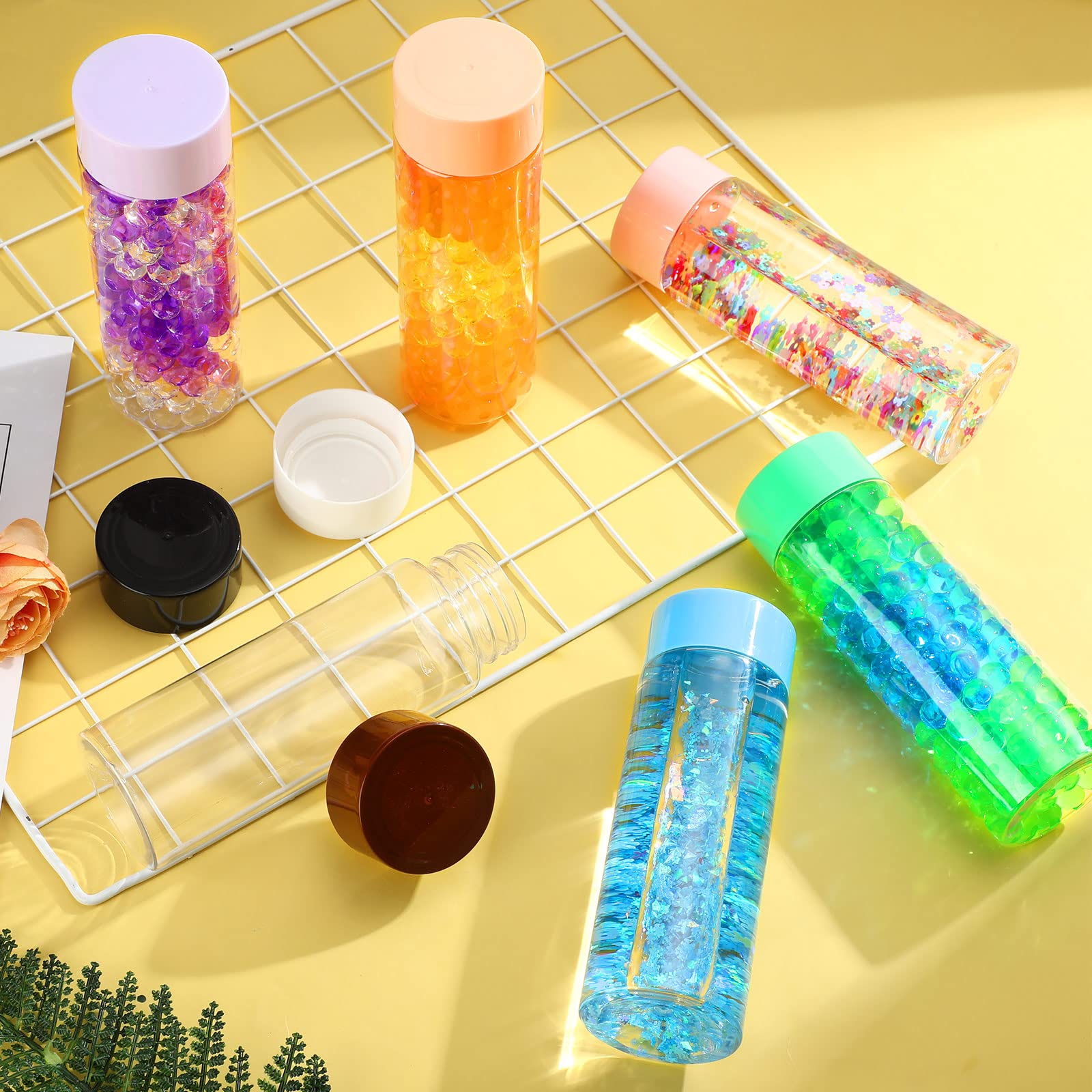Hoolerry 16 Pcs Empty Plastic Sensory Bottles with Lids Reusable Clear Plastic Sensory Water Bottles for DIY Crafts Handmade Party Decoration(Multi Colors,13.5 oz)
