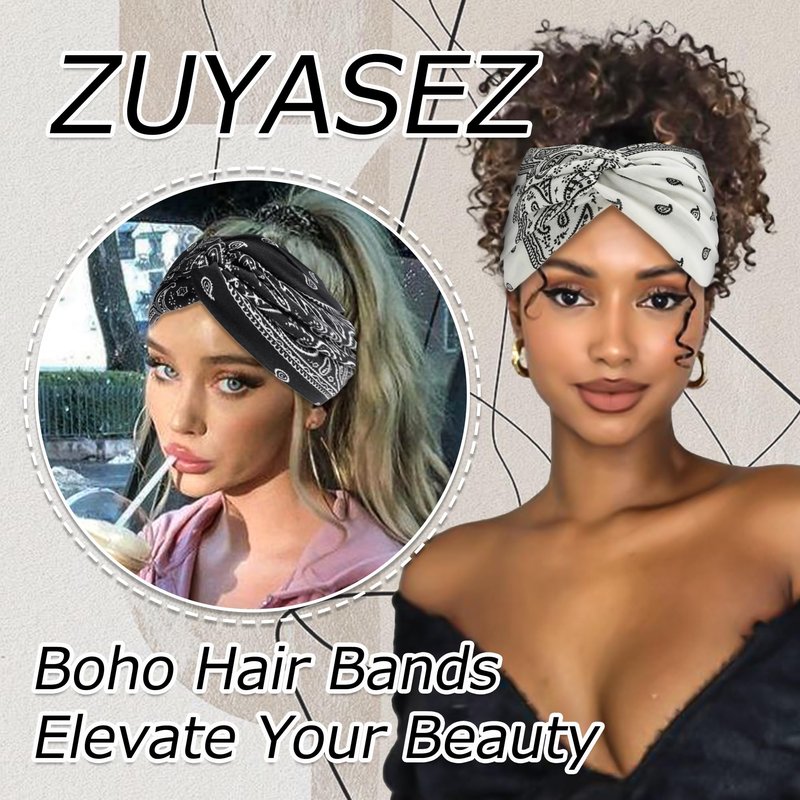 ZUYASEZ 4 Pack Wide Headbands for Women Paisley Twist Hair Bands Stretchy Cross Head Turban Bandana Valentine's Day Non Slip Exercise Hair Wraps Accessories