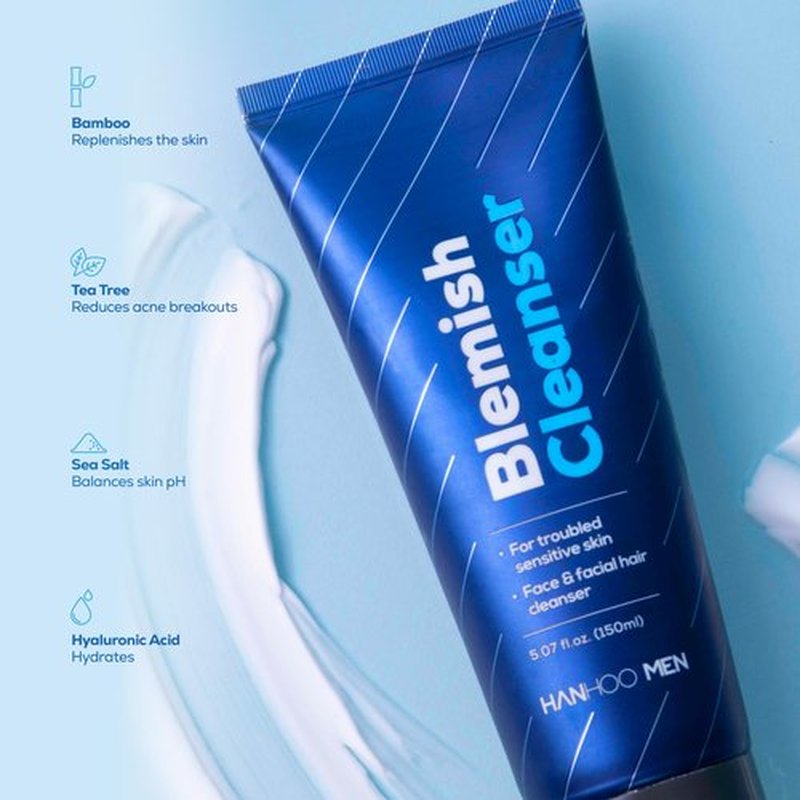 Hanhoo Men's Facial Care Kit, Blemish Cleanser 5.07 Fl. Oz., Blemish Moisturizer 2.02 Fl. Oz., Blemish Patch 36 Ct, with Bamboo, Hyaluronic Acid, and Green Tea, Men's Acne Skin Care Kit, Acne Regimen