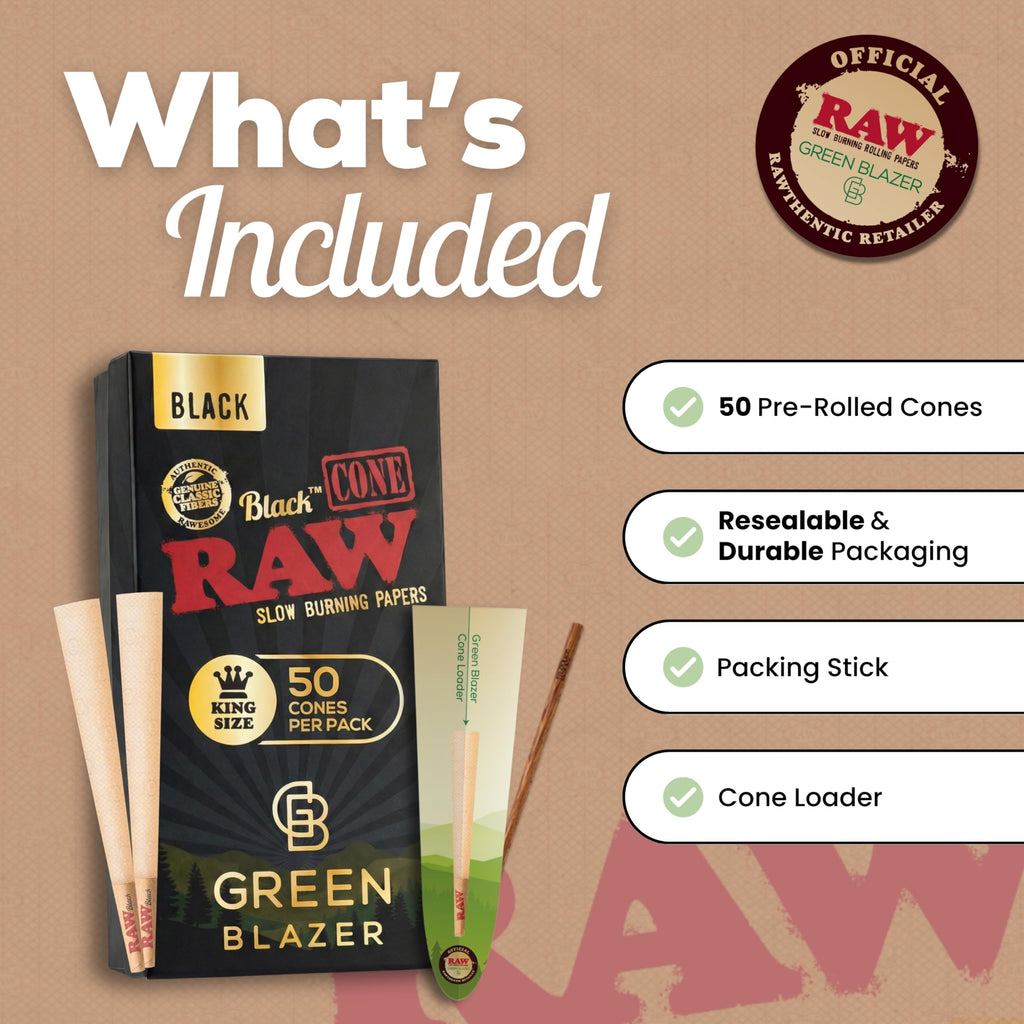 RAW Cones Black King Size: 50 Pack - Translucent, Extra Fine Pre Rolled Cones & Tips, Patented Slow Burn, All Natural RAWthentic, 109mm